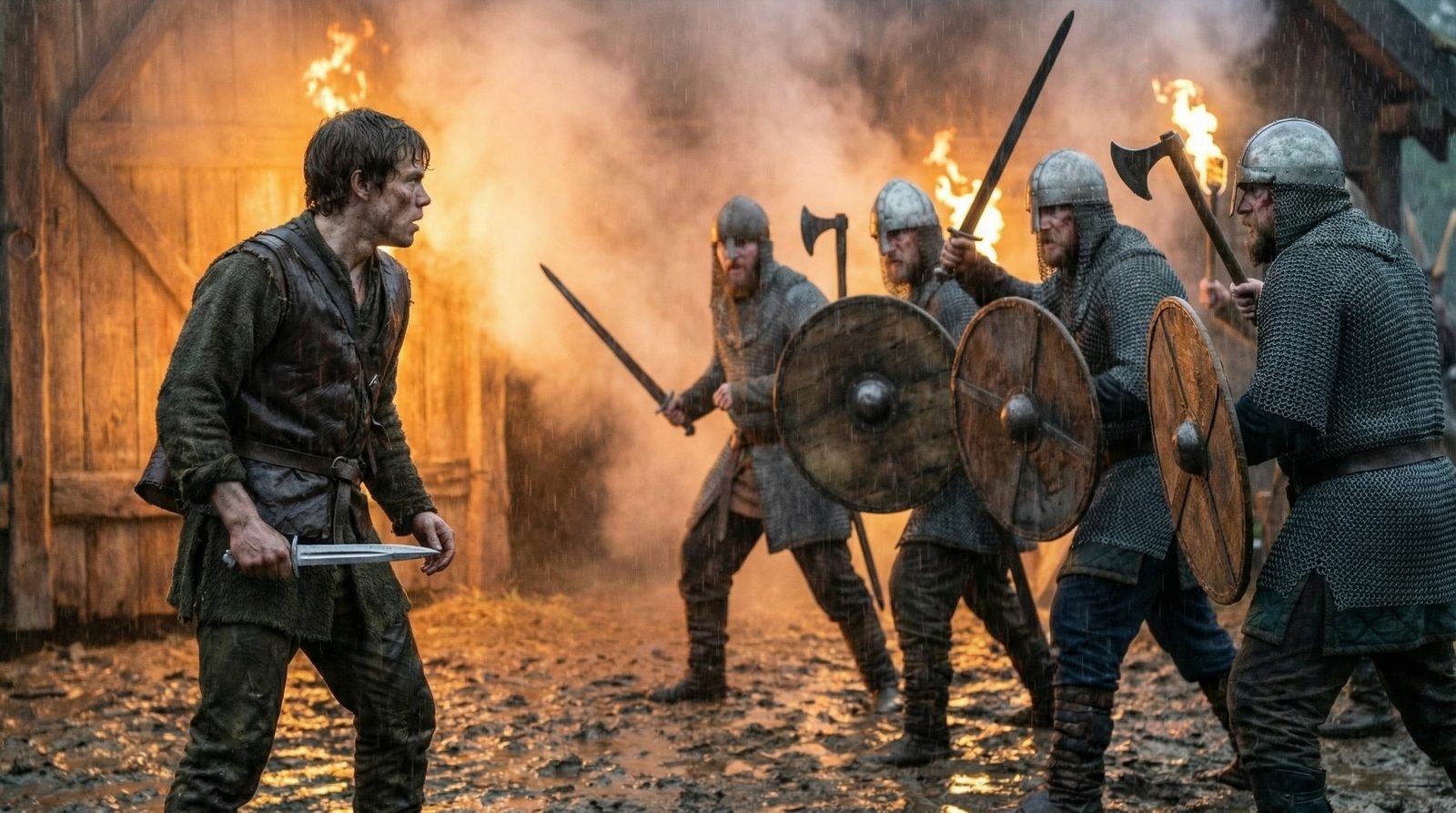 Aeron stands with a bloodied dagger before the advancing Northmen