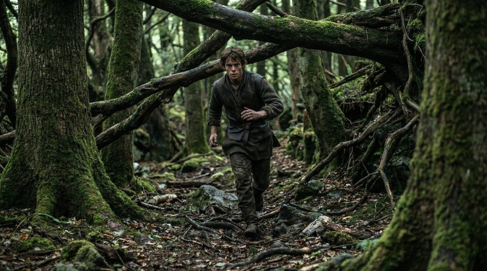 Aeron runs alone through the mossy, fallen-timber woods
