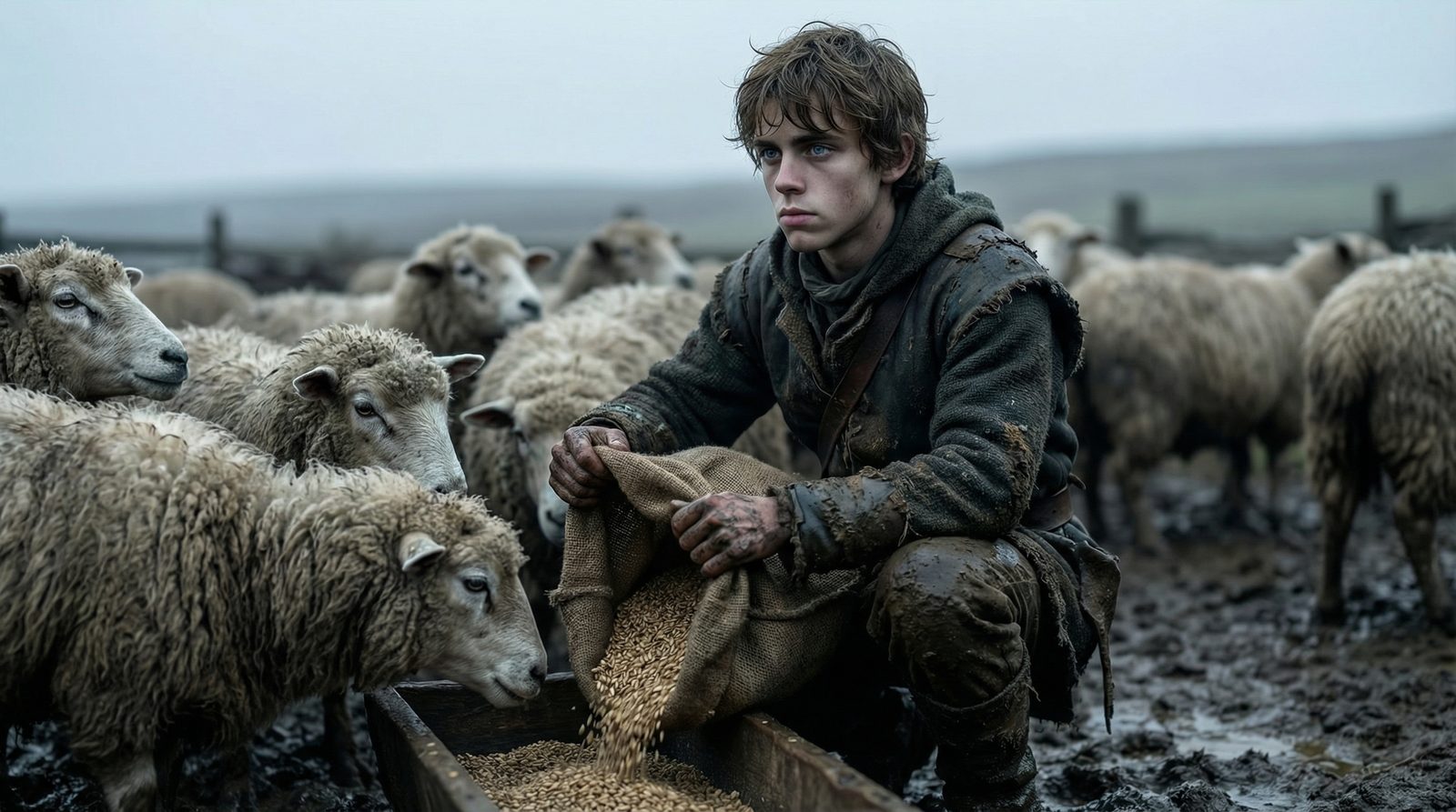 A young Aeron crouches in the mud feeding a flock of sheep under a grey sky