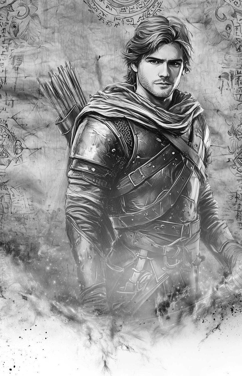 Portrait of Aeron, a young man in worn armour with a quiver of arrows