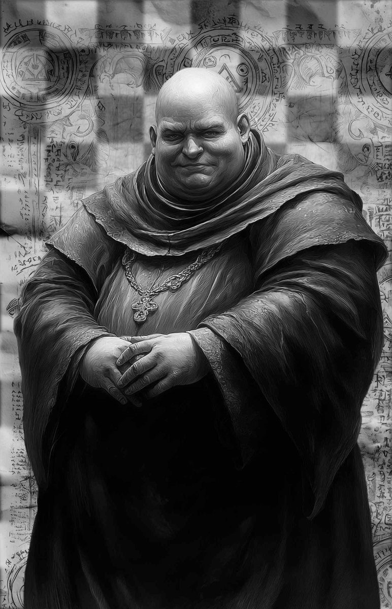 Portrait of Father Baker, a heavyset robed priest