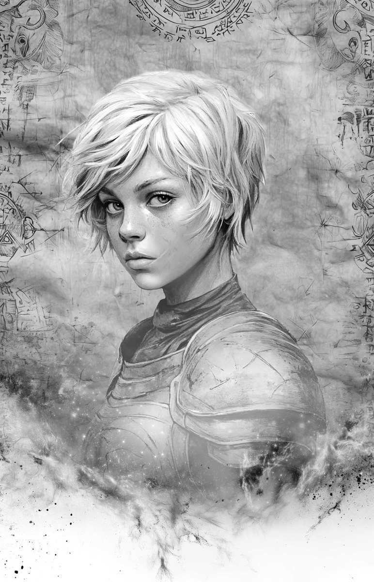 Portrait of Elah, a pale young channeller in cracked armour