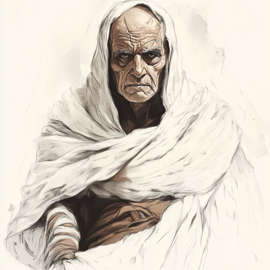Portrait of Kelnor, an ancient hooded scholar