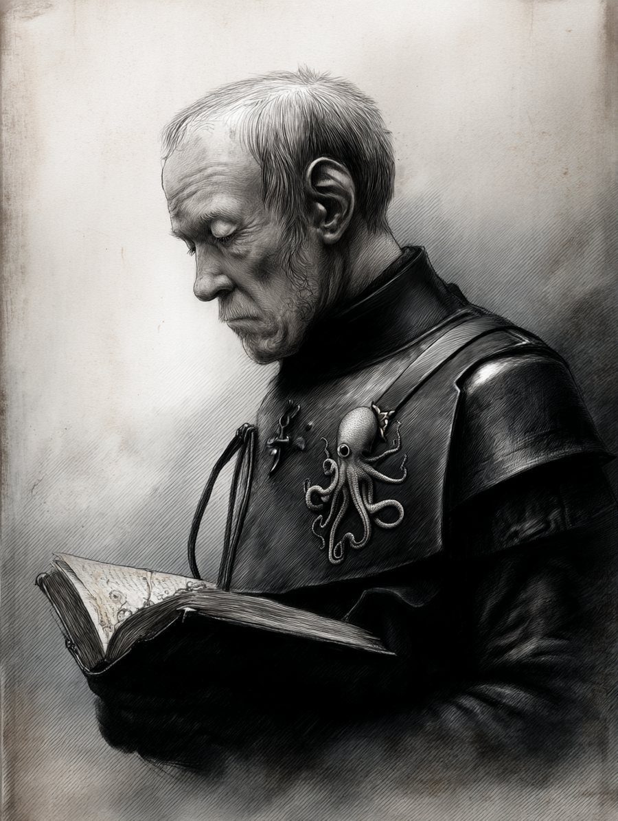 Portrait of Pyrh, an elderly secretary reading from a book