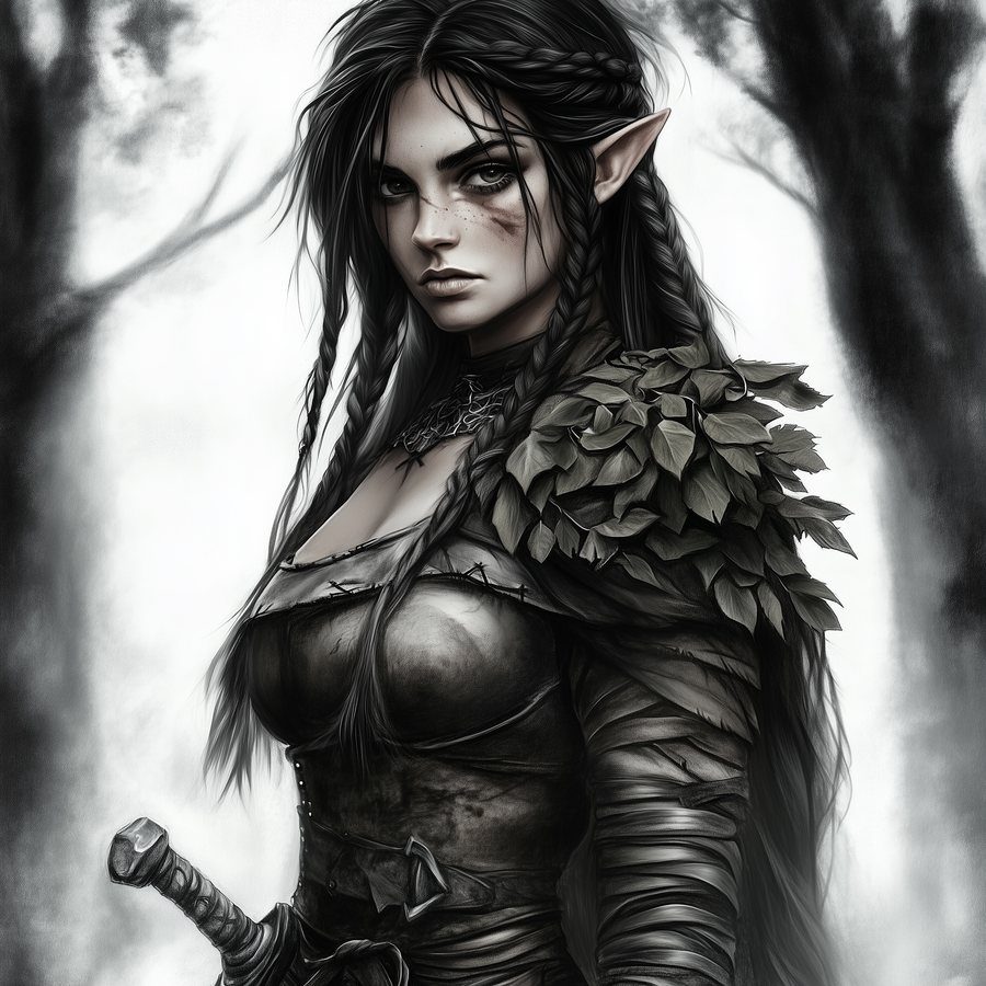 Portrait of Rielle, a Va'al woman with raven plaits and a leaf-scale cloak
