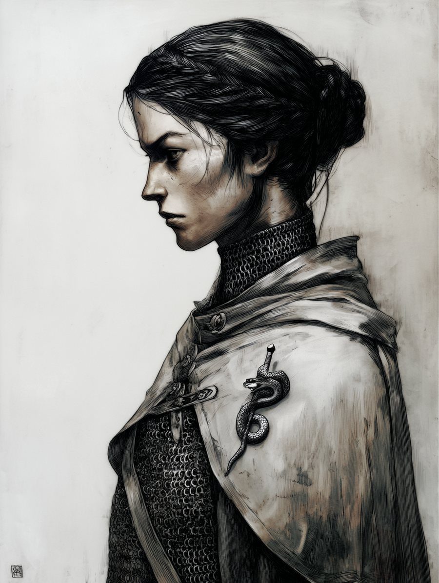 Portrait of Semir, a scarred officer in profile wearing a serpent insignia