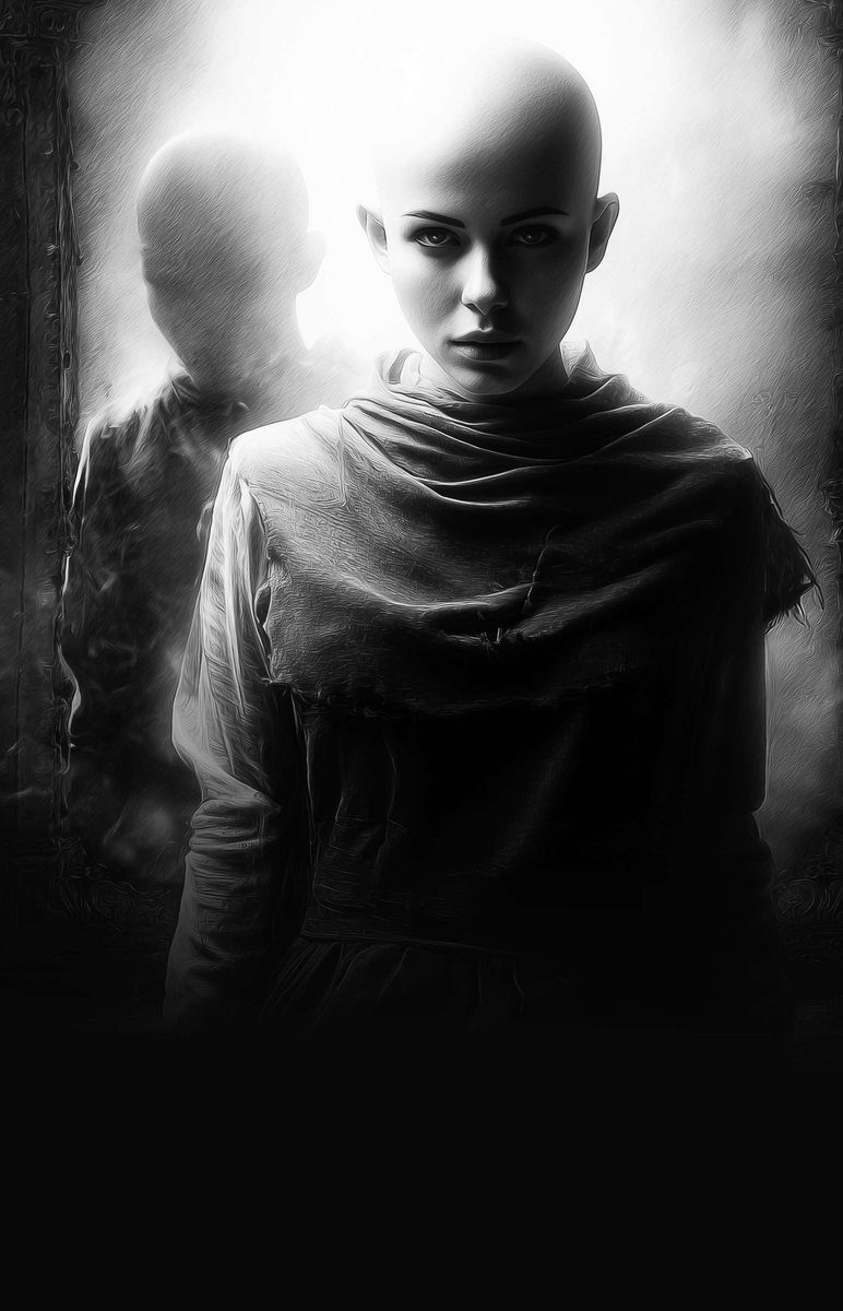 Portrait of Syrina, a fierce shaven-headed young woman