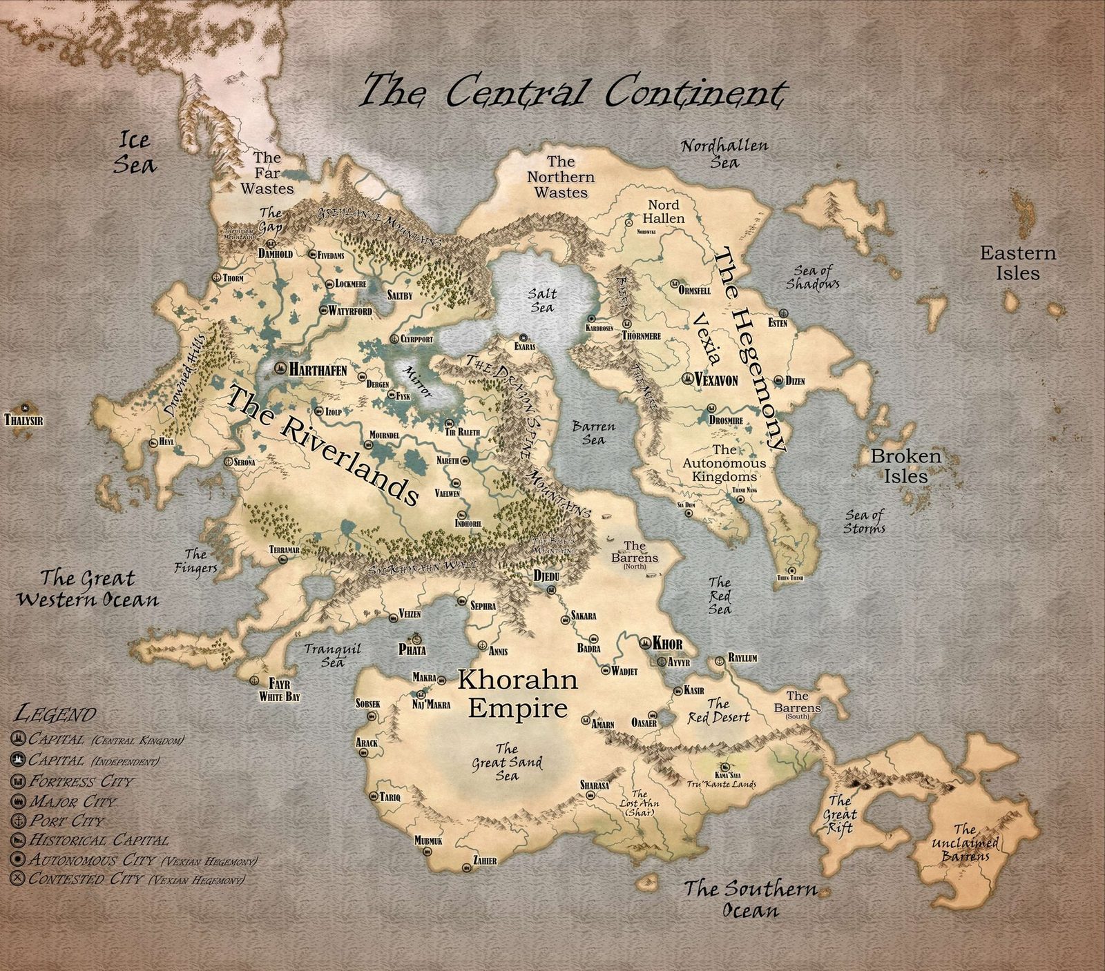 Overview map of the Central Continent of Solumna, showing the Riverlands, Vexia, and Khor