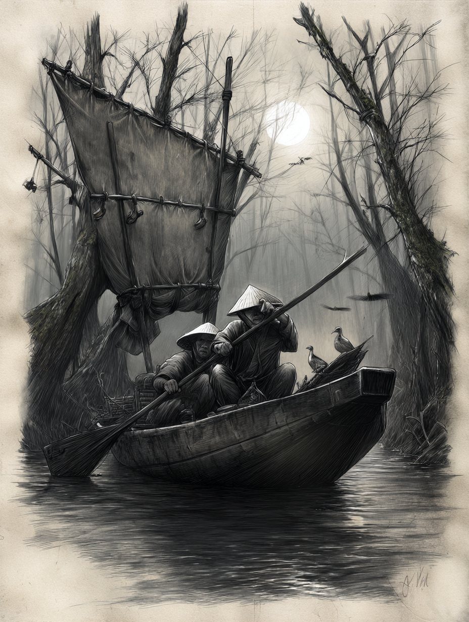 Illustration of scouts crossing the Riverlands wetlands by boat
