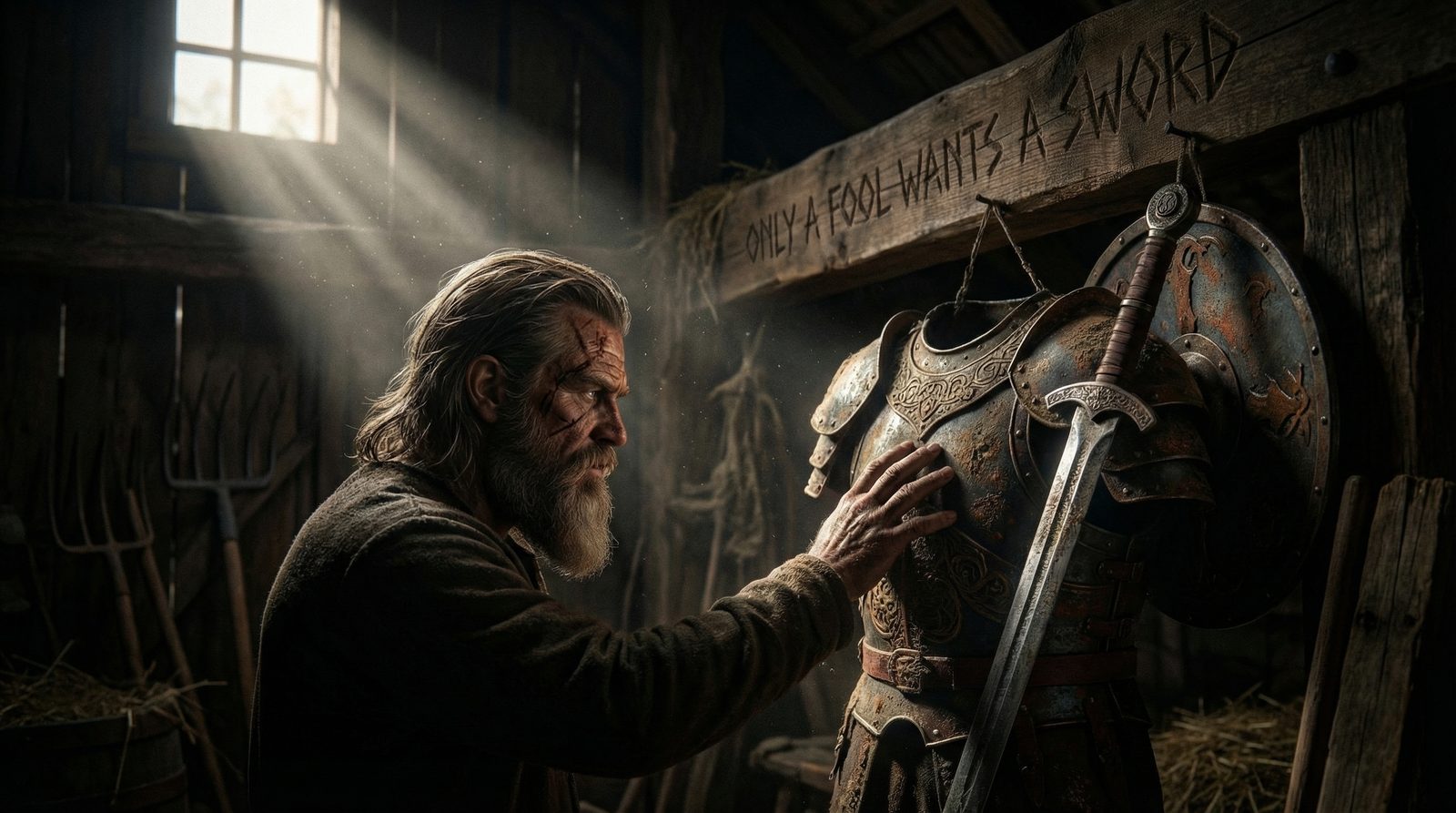 Therros in a barn, a hand on his displayed armour and sword beneath a beam carved 'Only a fool wants a sword'