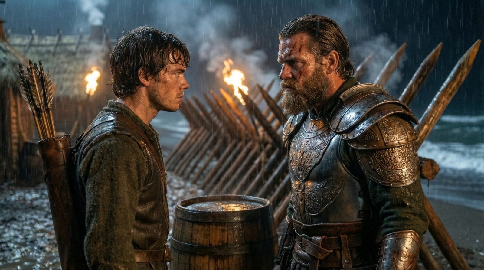 Aeron and Therros crouched at the torchlit beach barricade in the rain
