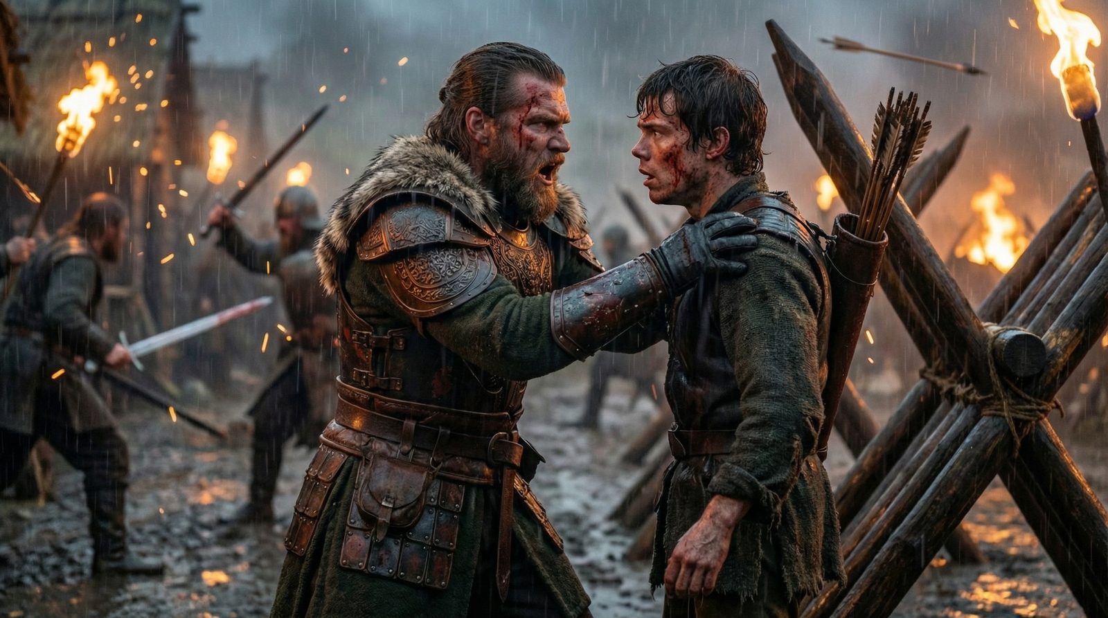 Therros grips a bloodied Aeron by the shoulders amid fire and battle