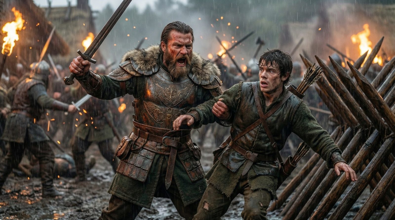 Therros, sword raised, forces Aeron back from the burning barricade