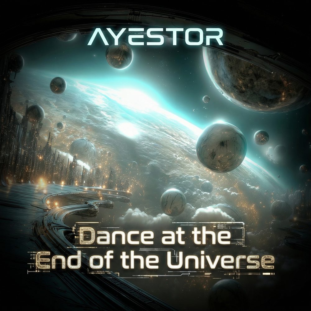 Dance at the End of the Universe single cover — a lone figure among drifting planets