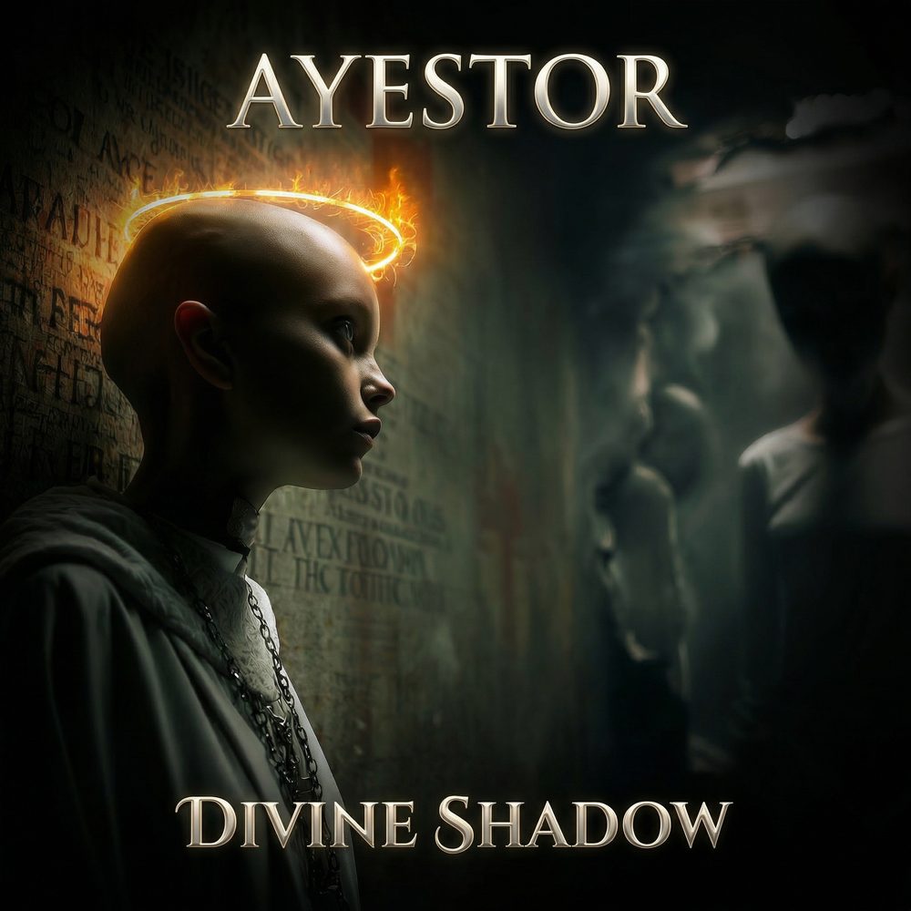 Divine Shadow single cover — a youth crowned with fire before ancient reliefs