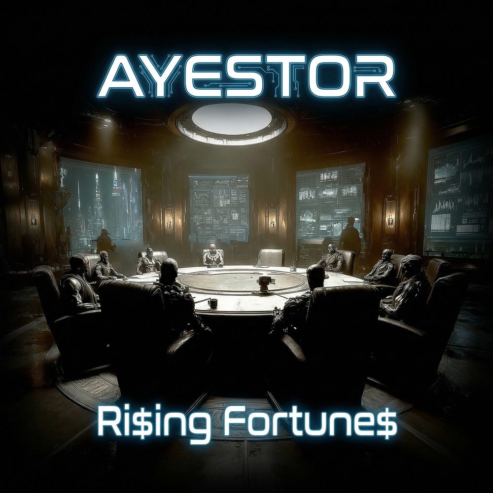 Ri$ing Fortune$ single cover — figures around a lamplit boardroom table