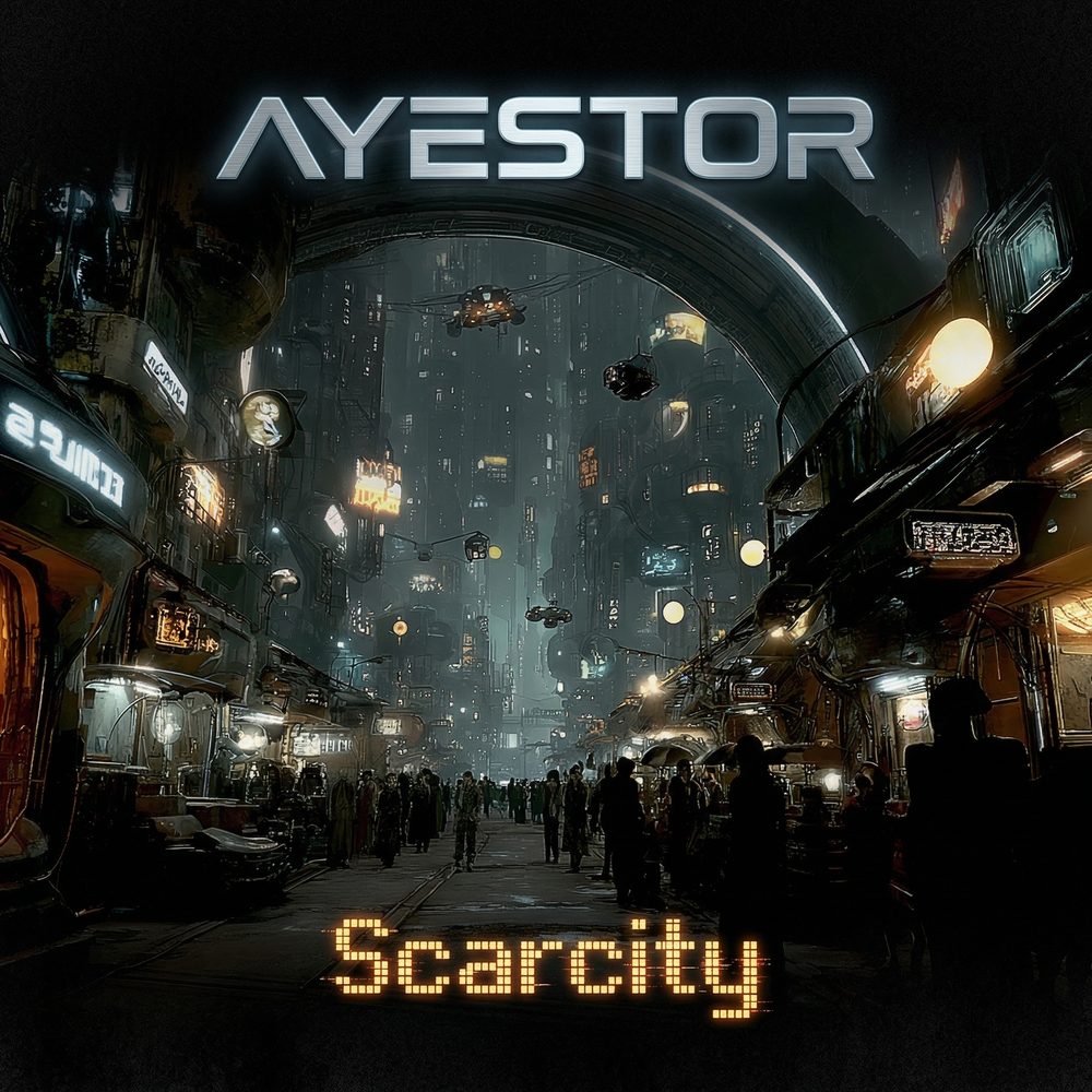 Scarcity single cover — a teeming cyberpunk city under amber haze