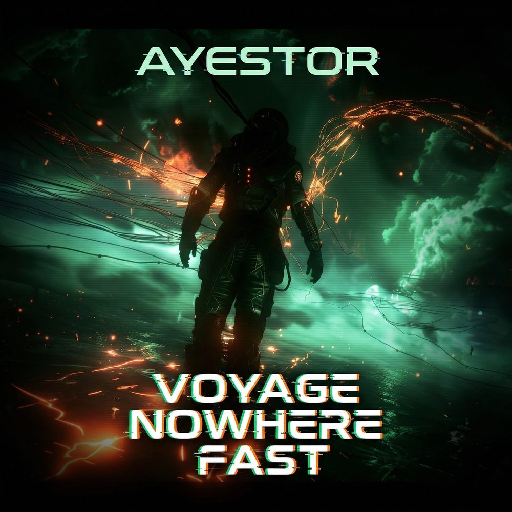 Voyage Nowhere Fast single cover — a dark figure wreathed in green energy