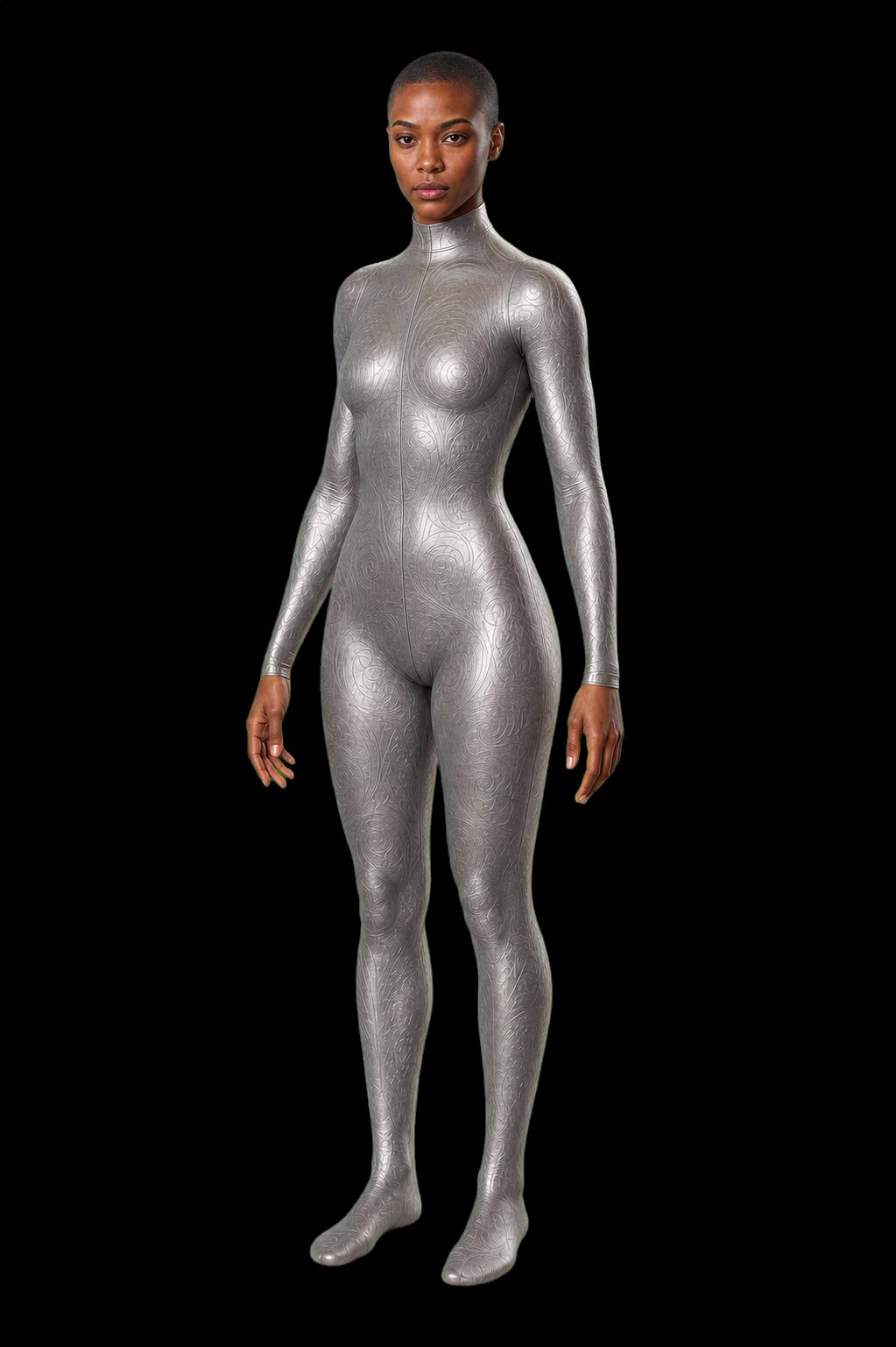 Gwen stands full-length against black in a pewter-silver bodysuit embossed all over with fine swirling filigree, covering her from high collar to bare feet. She has deep-brown skin and closely cropped hair, and meets the camera with a level, unreadable expression.