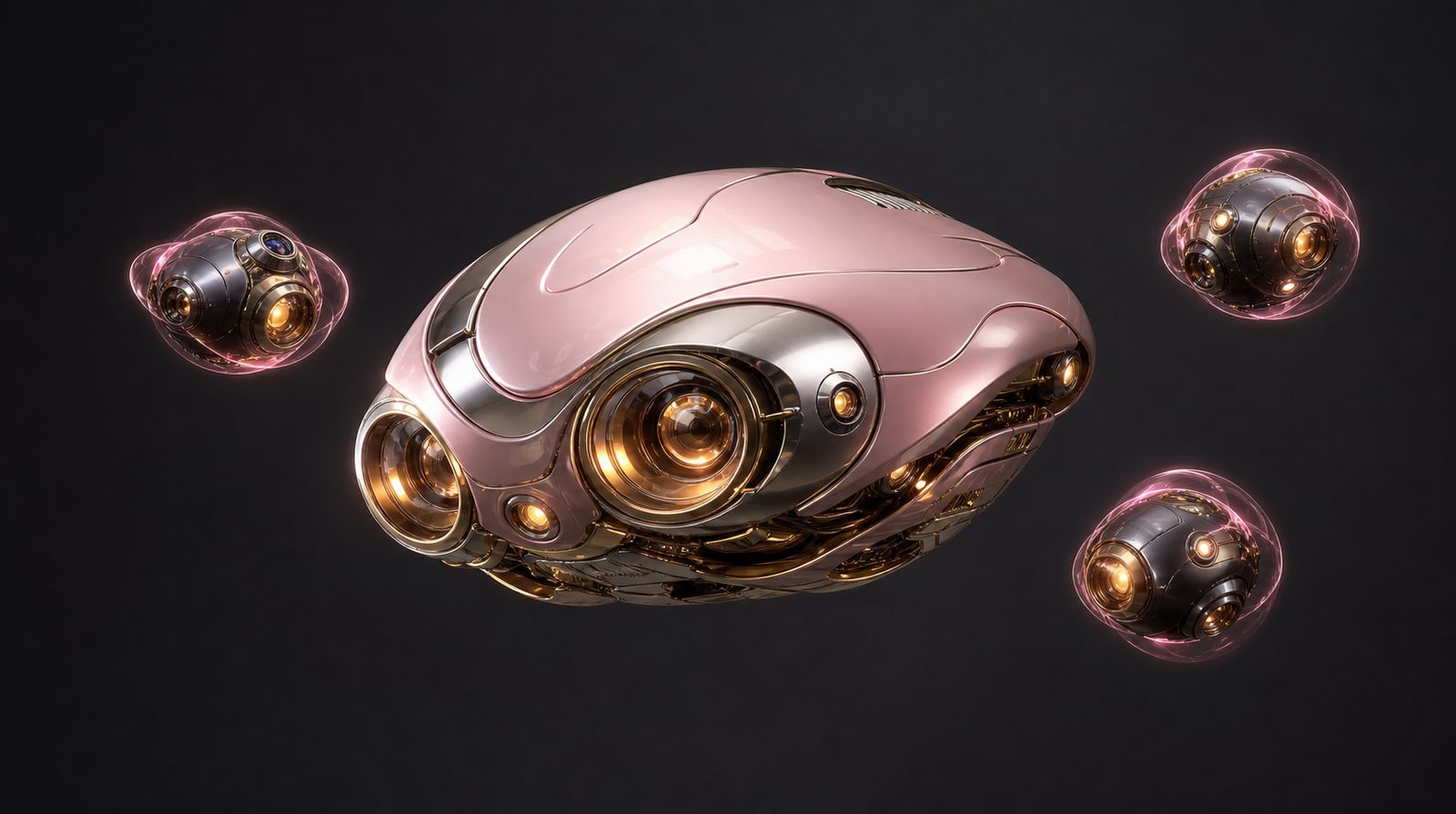 Honey's public shell: a glossy rose-pink and polished chrome ovoid banked at an angle, with two large amber lens eyes and smaller amber lamps set into gold filigree along its underside, escorted by three small spherical drones each held inside a translucent pink bubble.