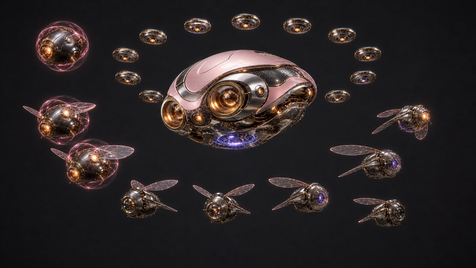 Honey fully distributed: the core hangs at centre with its violet underside projector lit, encircled by an arc of coin-thin gold-rimmed lens discs, with winged wasp-form subunits below and three bubble-wrapped spheres holding station to the left.