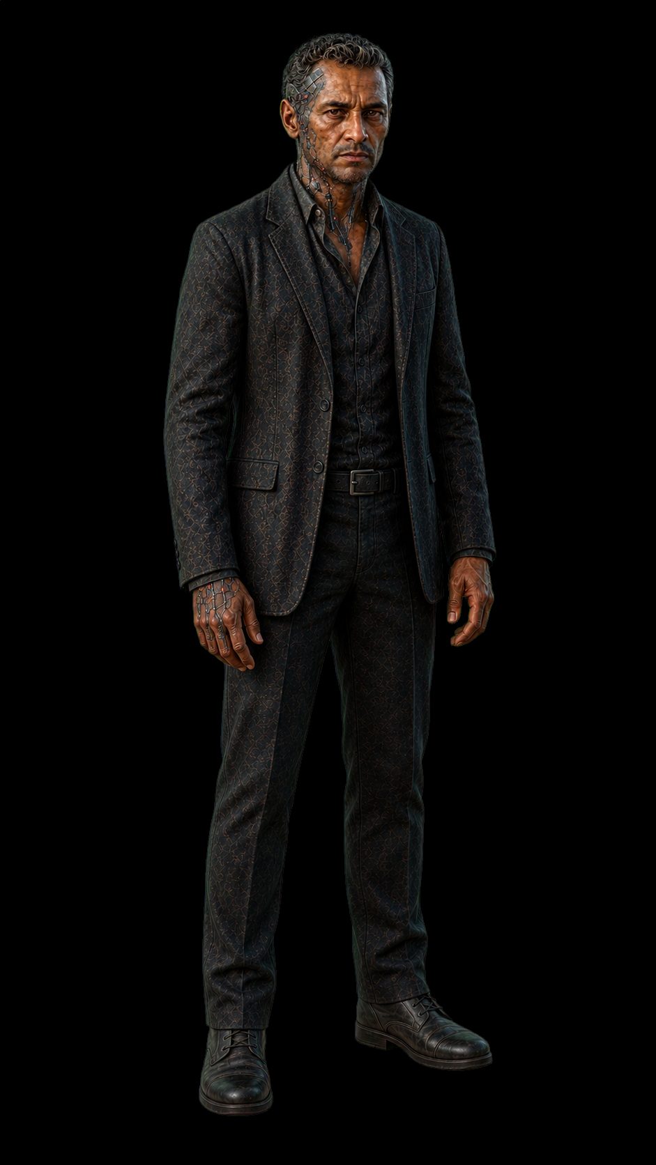 Jak stands slightly slumped in a dark patterned suit worn over an open-collared shirt. He is greying, unshaven and hollow-eyed, and a fine pale mesh of graft lines runs across one temple and cheek, down his neck, and over the back of one hand.