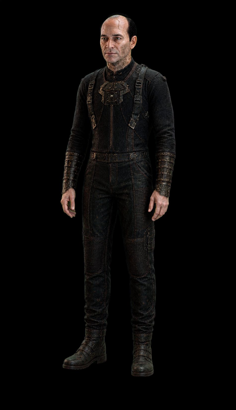 Jiff stands against black in a dark high-collared suit with a bronze plate device at the chest, harness straps over the shoulders and banded bronze bracers on both forearms. Fine hexagonal seams trace across his scalp, cheek and down his neck where old augmentation meets skin.