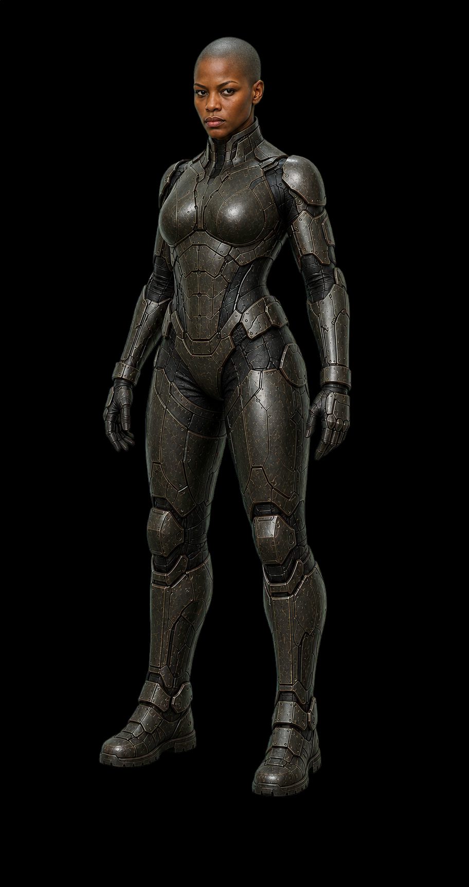 The same woman in the same stance, now sealed into a matte gunmetal combat suit of overlapping articulated plates seamed with copper, with armoured gauntlets and heavy buckled boots. Only her face is uncovered, and it has hardened.