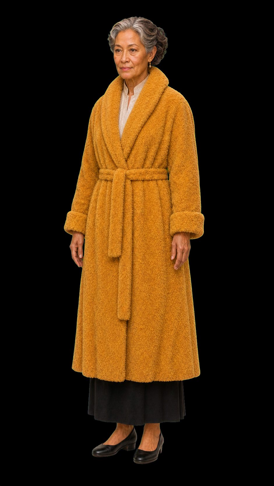 Sparen receives visitors in a mustard-gold fleece dressing gown with a shawl collar and tie belt, worn over a cream high-collared blouse and a long dark skirt. She is an older woman with grey curls pinned up and a faintly amused expression, and there is no trace of augmentation anywhere on her.