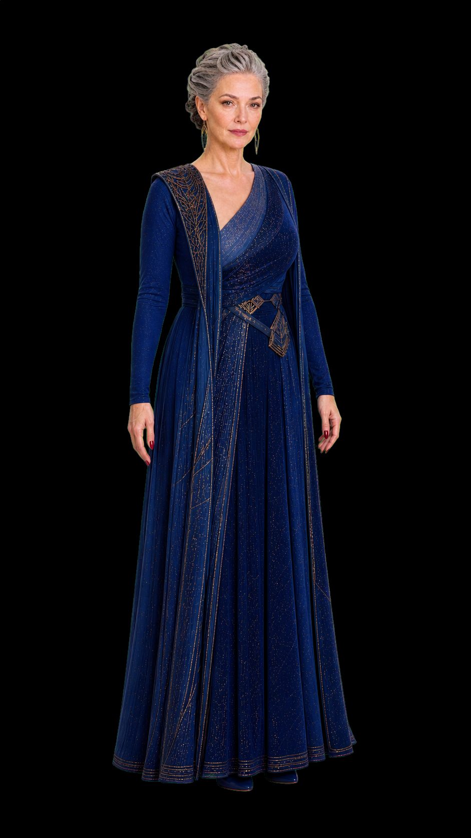 The same woman in the same gown and the same stance, with the shimmer switched off: steel-grey hair, ordinary skin, green drop earrings, and an older face that the projection had been quietly smoothing.
