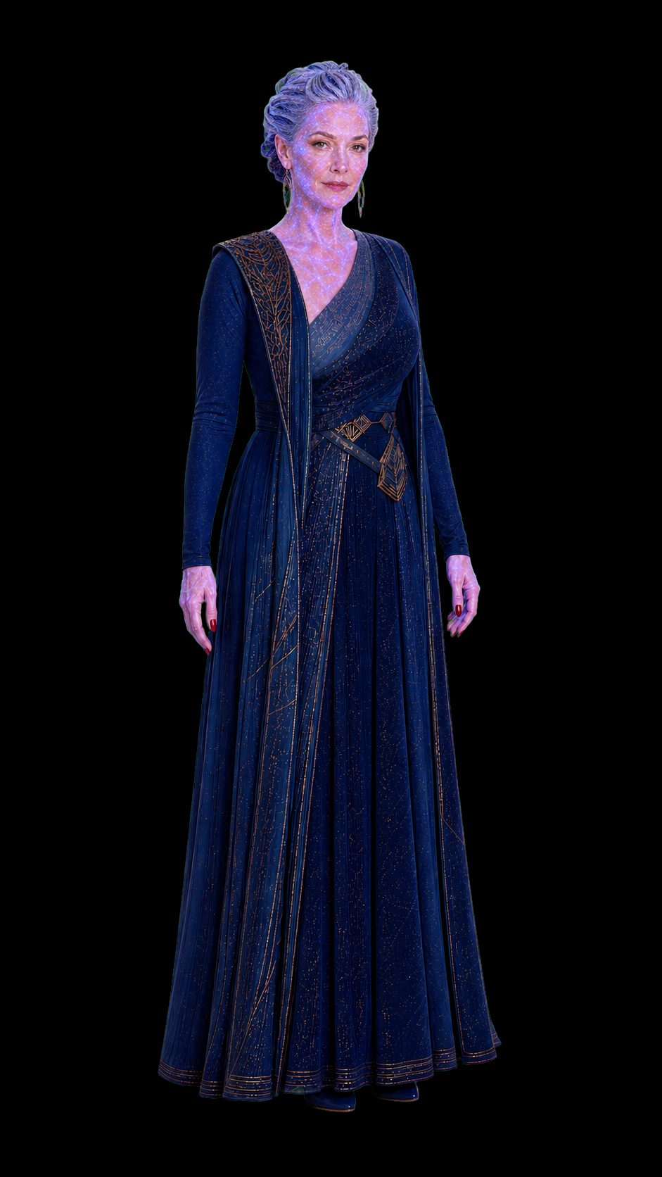 Thera Luun as the city sees her, in a floor-length midnight-blue gown worked with copper constellation lines, a draped sash and an ornate belt clasp. Her upswept hair reads silver-lilac and a luminous violet star-map shimmer plays across her face, throat and hands.