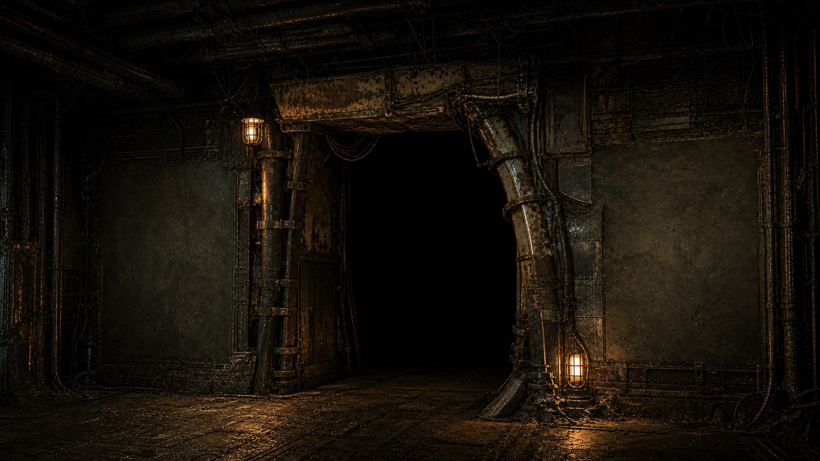 A way into the Cannibal Gardens: a heavy riveted archway cut through a scale-plated wall, two caged amber lamps burning either side of it, and nothing beyond the threshold but darkness.