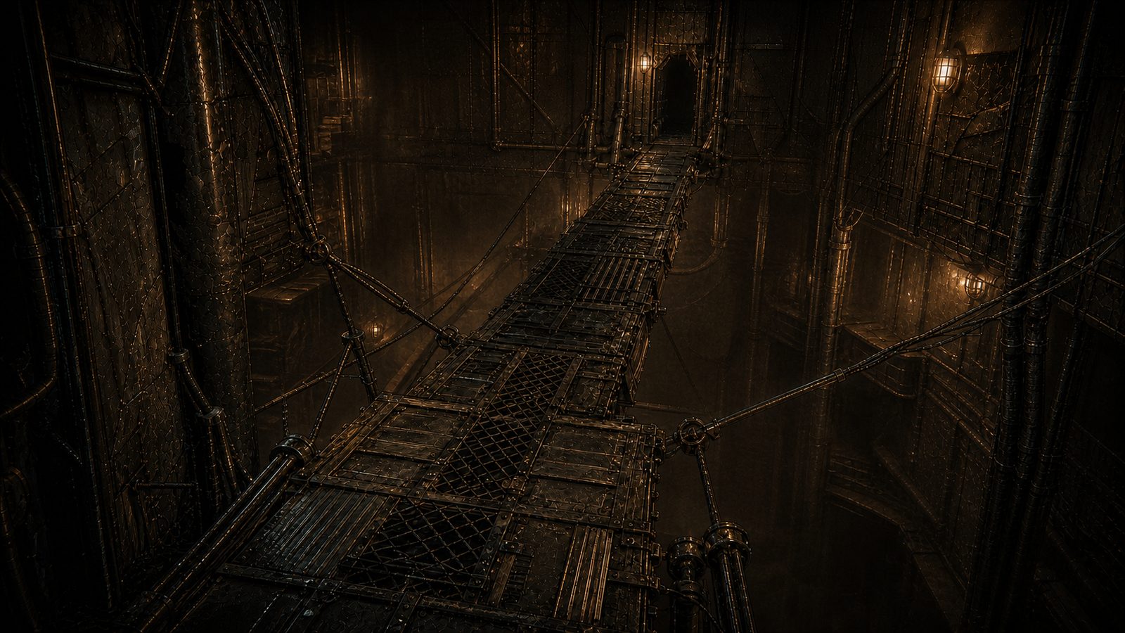 A bridge of lashed crates and cable strung across a dark industrial void in the Cannibal Gardens, guy-wires running off into the gloom and a few caged lamps burning on the far wall
