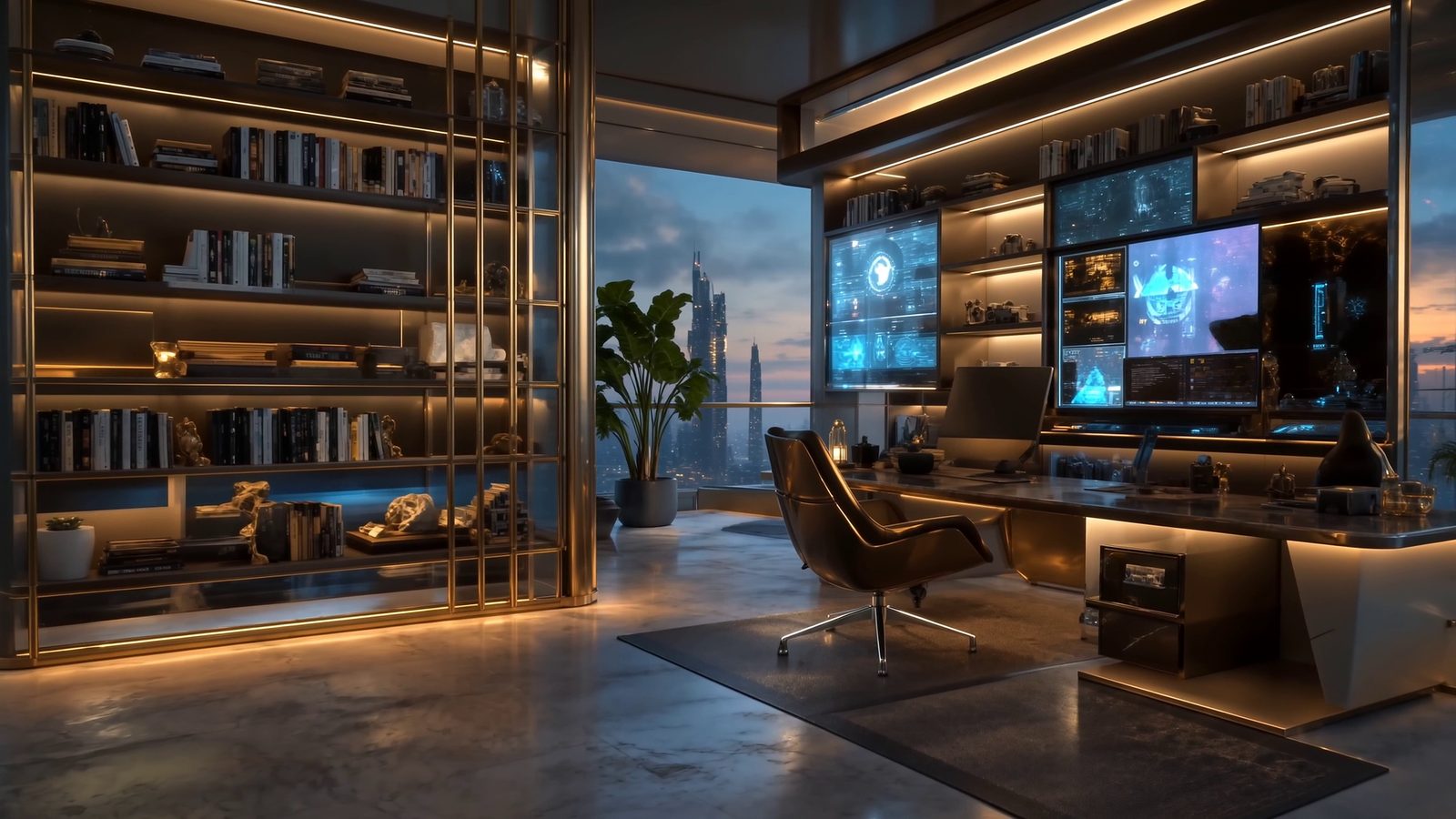 A private office high in the Heights: brass shelving and books lit from within, holo screens burning cold blue above a long desk, and a wall of glass onto a twilight skyline of distant spires