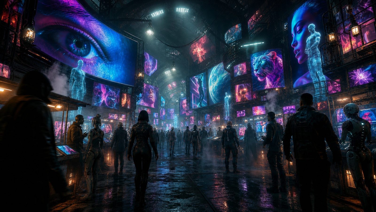 The market hall mid-frenzy: every hanging screen lit at once with faces, an enormous close-up eye and a prowling tiger, the violet and cyan glare washing over the crowd walking beneath them.