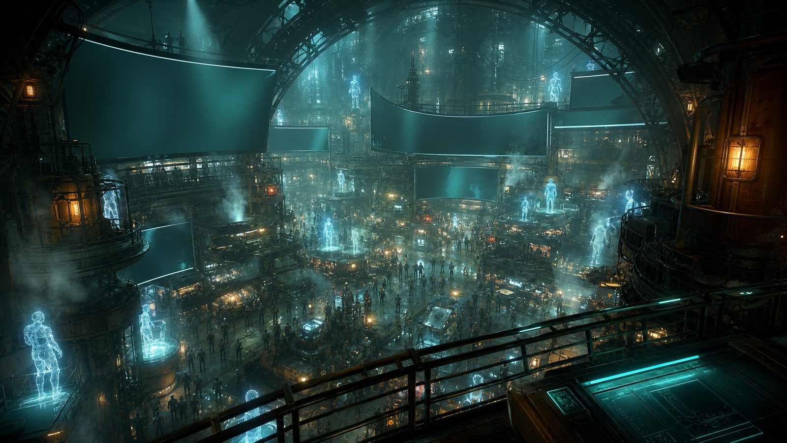 The Trendplateau market hall seen from a high gallery: holographic figures standing lit on plinths above the crowd, traders working the stalls below, and idle screens hanging in the dark under the arched roof
