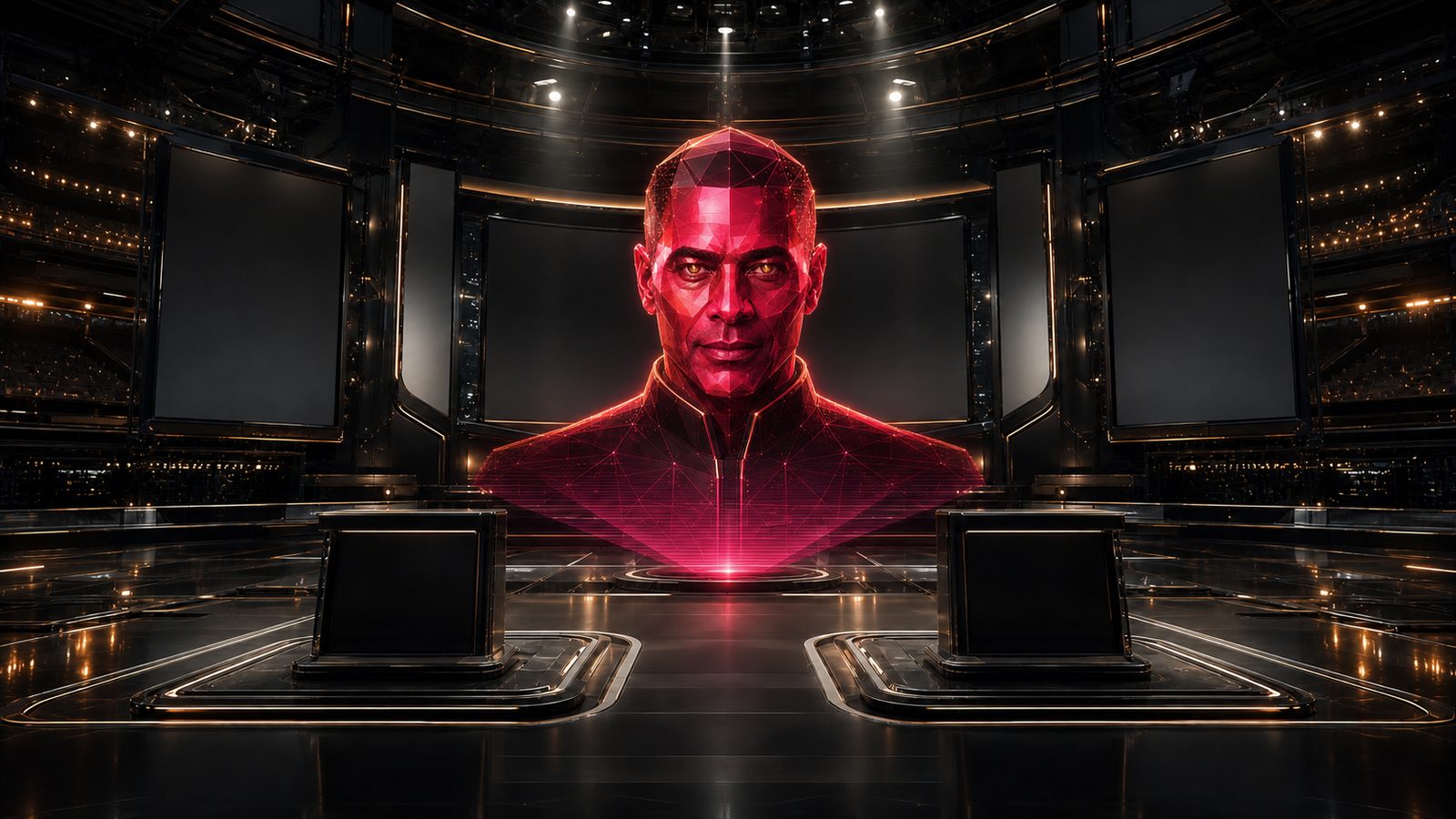 A mintcast broadcast stage: a giant red holographic anchor's head and shoulders rendered in glowing wireframe above the stage floor, flanked by blank pale screens, tiered audience galleries and studio lights in the dark behind it.