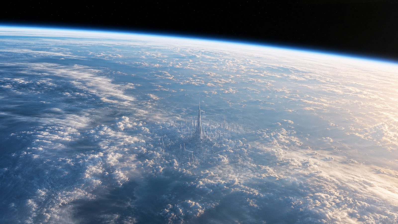 Rezo seen from near orbit: the curve of the ocean world falling away under a black sky, and the megacity a single pale thorn breaking up through an unbroken deck of cloud.