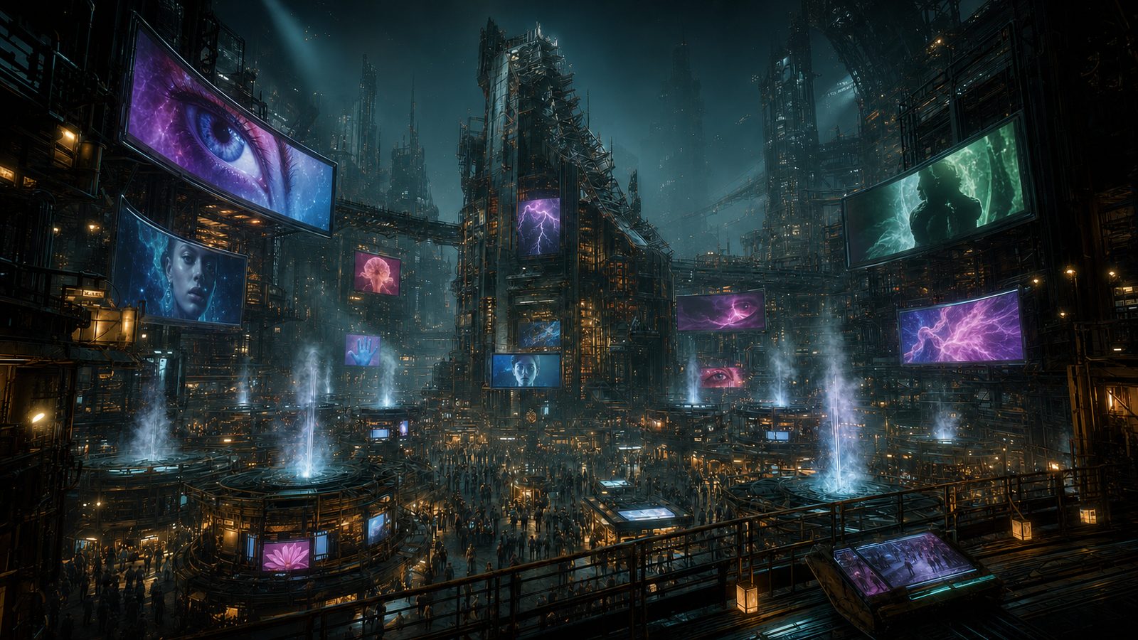 Sector 46 at night: the black tiered theatre spire rising over a plaza where every curved billboard burns with faces, eyes and lightning, noise-fountains jet blue-white columns of vapour, and the crowd floods the walkways between the drum stages.
