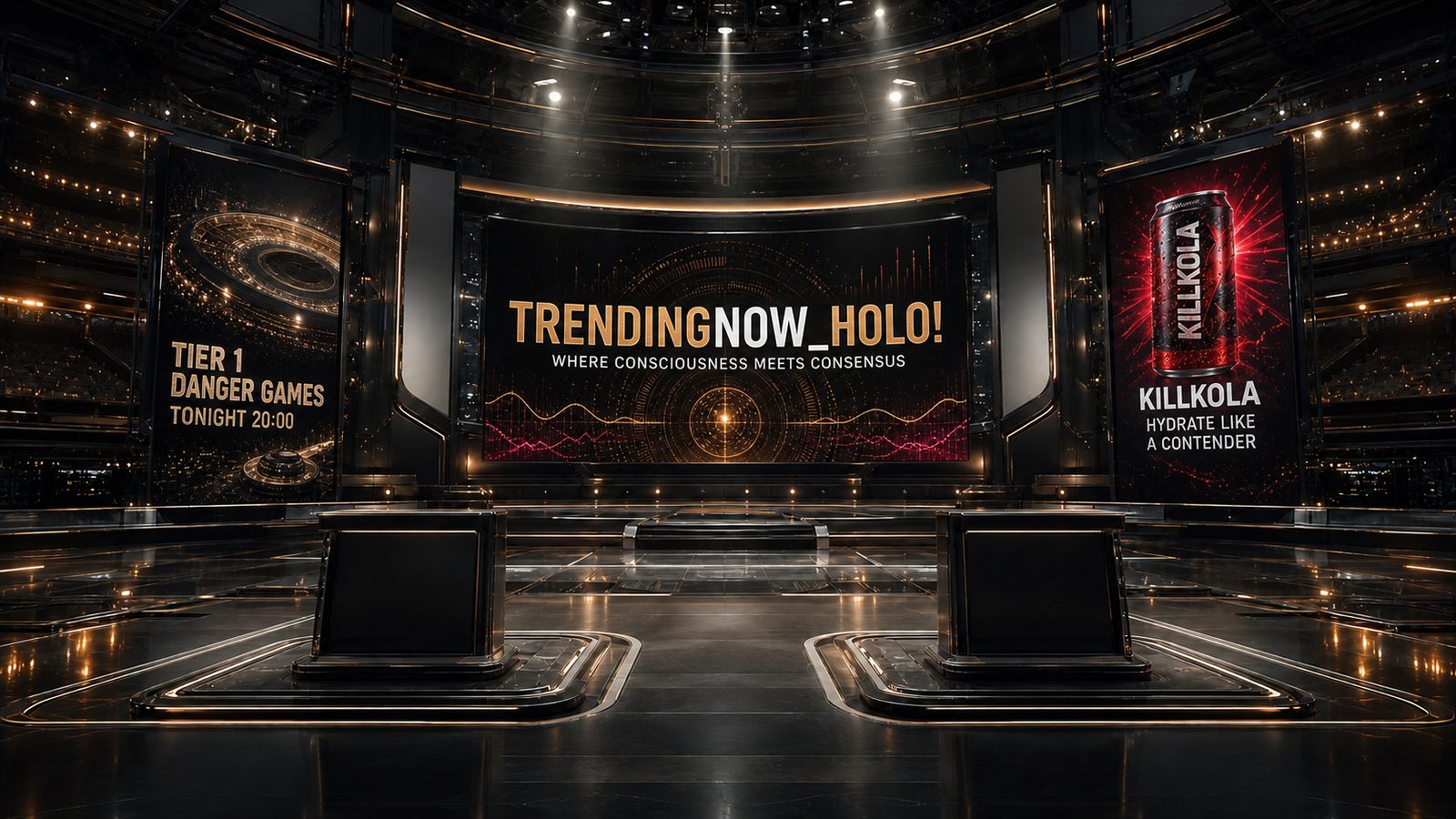 The TRENDINGNOW_HOLO! studio floor: two black anchor desks before a curved gold-and-black screen reading 'TRENDINGNOW_HOLO! — where consciousness meets consensus', flanked by a Tier 1 Danger Games billboard announcing tonight's 20:00 event and a KillKola advert telling contestants to hydrate.