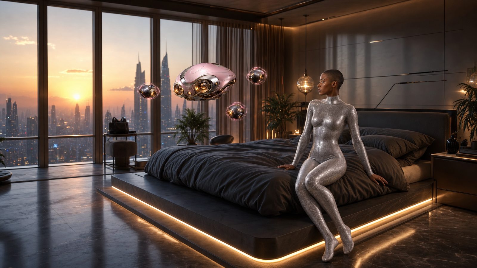 Gwen in the silver SecondSkin sits on the edge of her low bed at dawn, the sun rising over the towers beyond the glass. Honey's pink-chrome drones hover around her, catching the light.