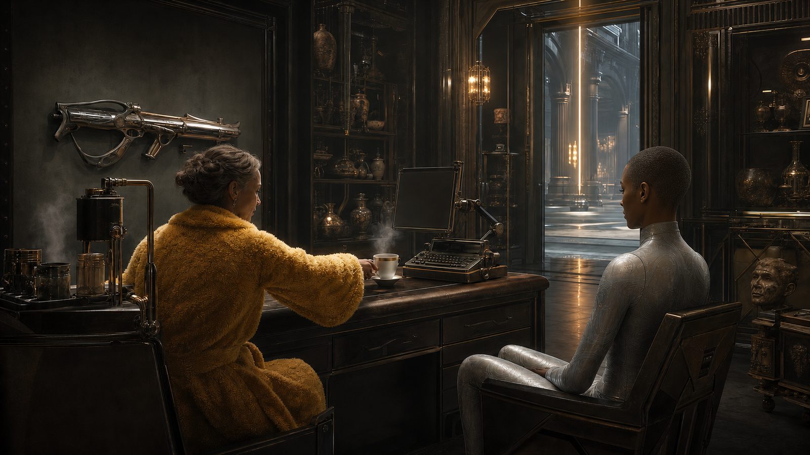 Sparen, in a fluffy yellow dressing gown, reaches across a chocolate-coloured desk to set down a porcelain cup of coffee. Gwen sits opposite in a sharp, unpadded chair. A brass coffee machine steams at one end of the desk, an old box terminal and a flex-screen on a pivot arm sit beside it, and the mounted rifle hangs on the wall behind.