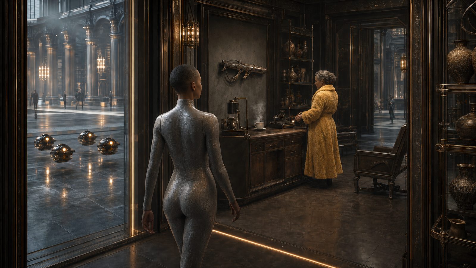 Gwen steps through the boutique's glass threshold into a dark, wood-panelled room of brass antiquities. Her camera drones hover outside on the plaza, stopped at a line of amber light across the floor. Sparen waits inside in a fluffy yellow dressing gown beside a steaming coffee machine, an unfamiliar rifle mounted on the wall behind her.