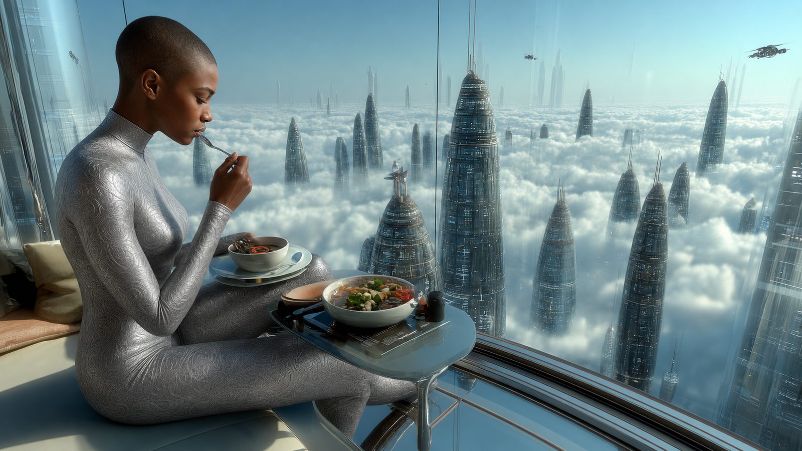 Gwen in the silver SecondSkin at the apartment's window table, eating the delivered breakfast above the cloud sea, the spires of Rezo rising beyond the glass.