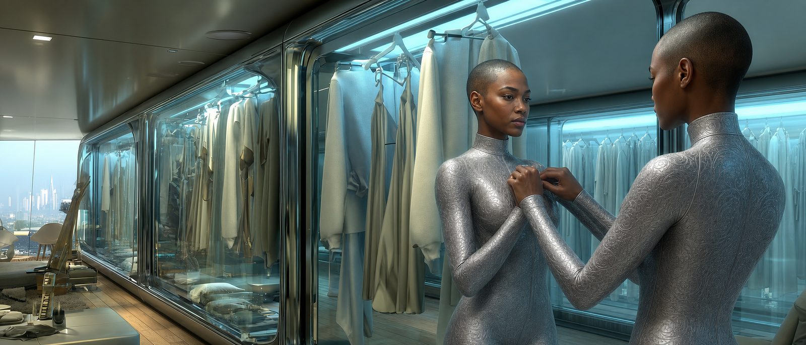 Gwen faces her own reflection at a mirrored wardrobe wall in the silver SecondSkin underlayer, racks of pale clothing lit behind the glass.