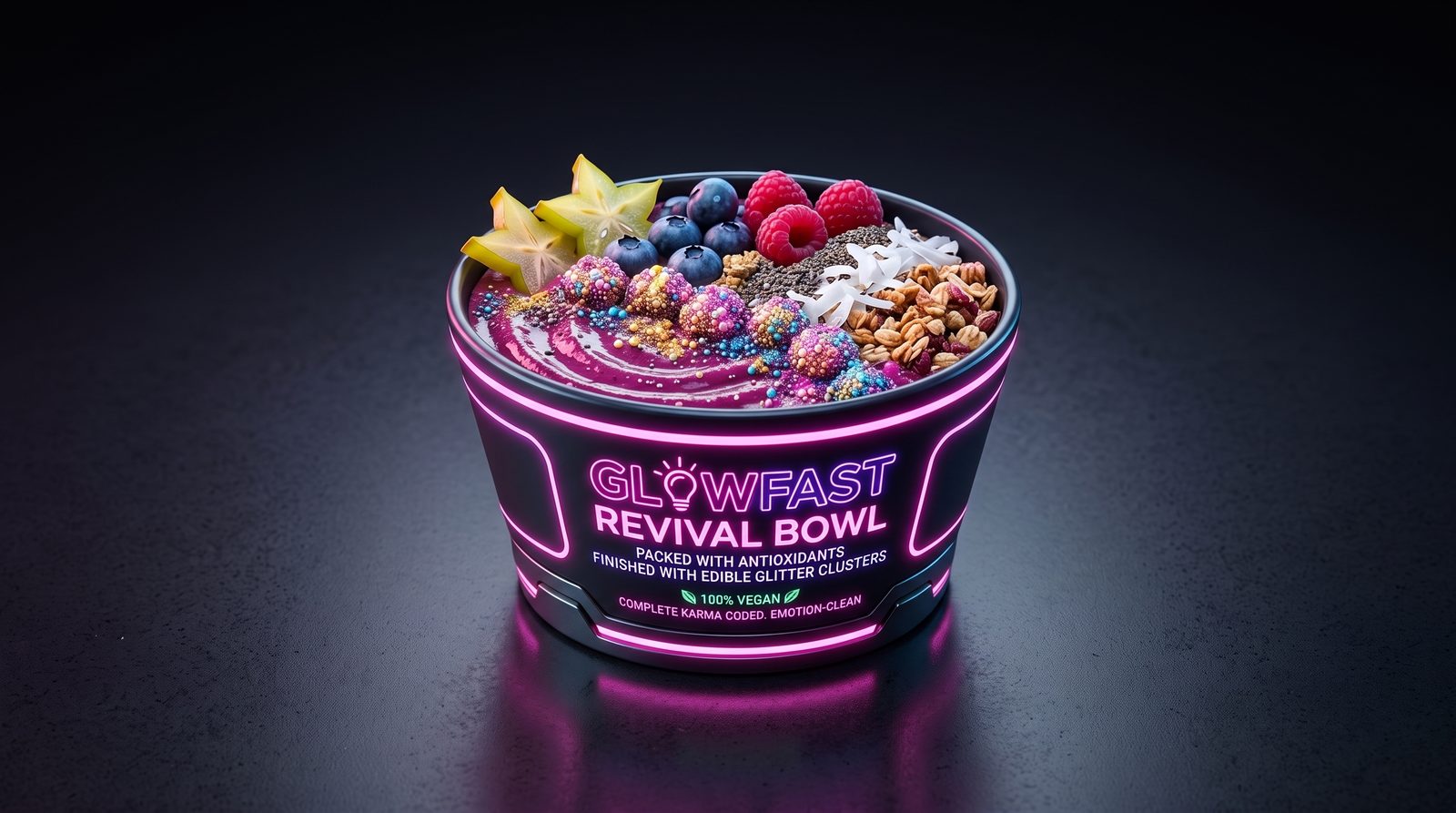 Product shot of the GlowFast Revival Bowl: a violet smoothie base under berries, granola, starfruit, coconut and glitter-coated clusters, in a black bowl ringed with neon pink light whose label promises antioxidants and edible glitter.