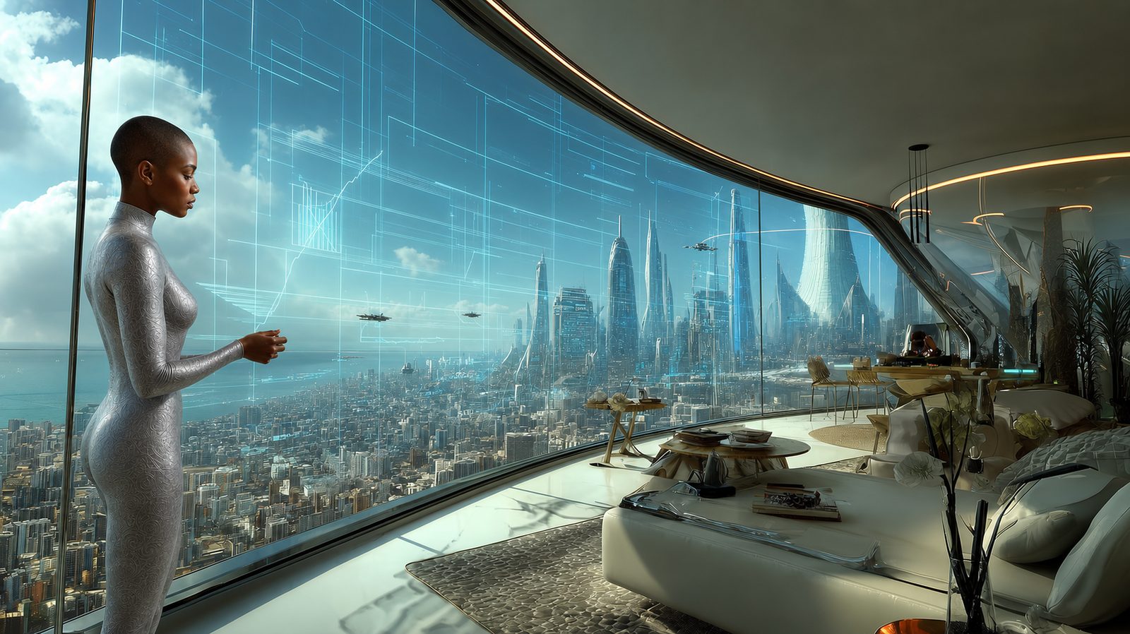 Gwen stands at the apartment's curved holo wall as tracery and panels light across the glass, the city stretching away below.