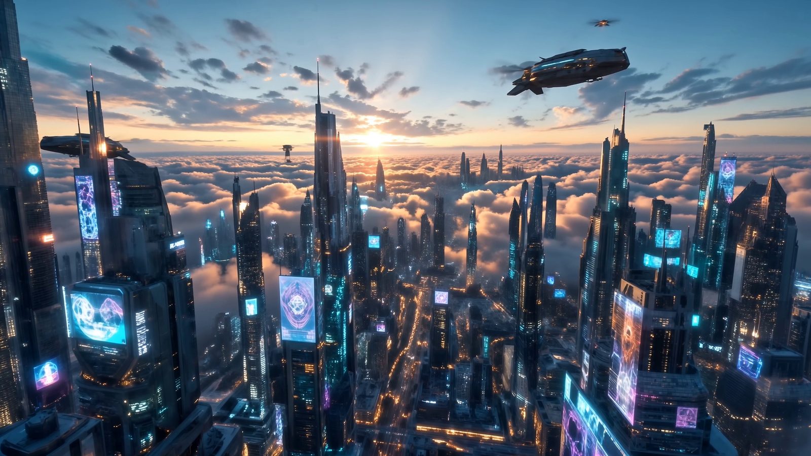 The view from Gwen's apartment: tower crowns of Rezo Heights rising out of the cloud sea at dawn, holo billboards alive on their flanks and an airship crossing the sun.