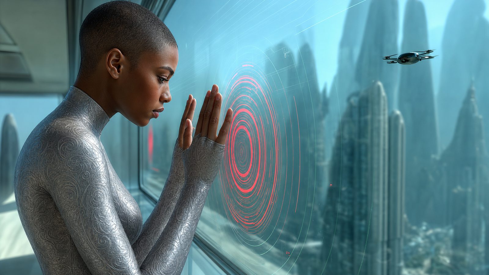 Gwen presses her palms to the glass of the verification wall, head bowed. Concentric red rings pulse outward from where her hands rest, the spires of Rezo beyond the pane, and a small camera drone hovering outside.
