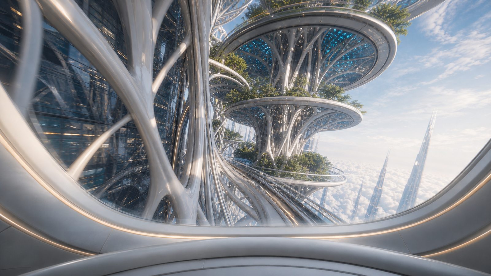 Nearing the top of the climb: organic lattice towers crowned with green canopies rise past the pod window, with further spires and cloud beyond.